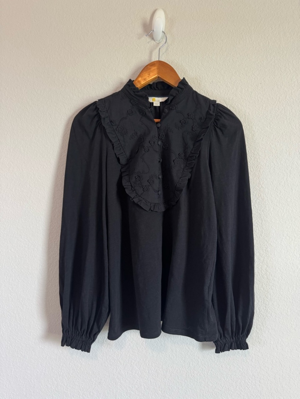 Boden Black Embroidered Woven Mix Ruffled Bib Long Sleeve Top Size 4